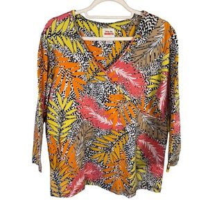 Ruby Rd. Multicolor Tropical Leaf Print V-Neck Blouse Size L Stretch Cotton